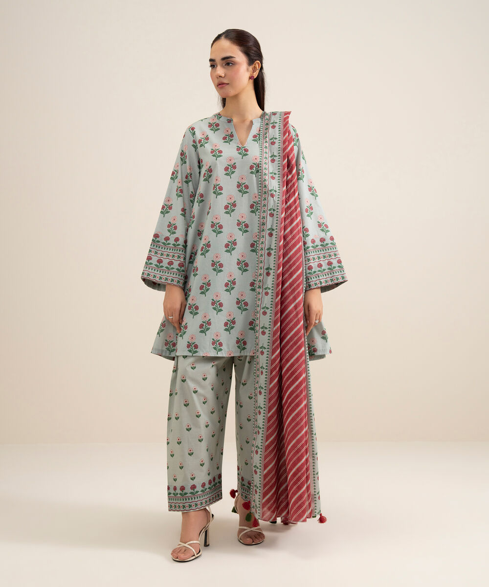 Women's Unstitched Lawn Printed Light Blue 3 Piece Suit