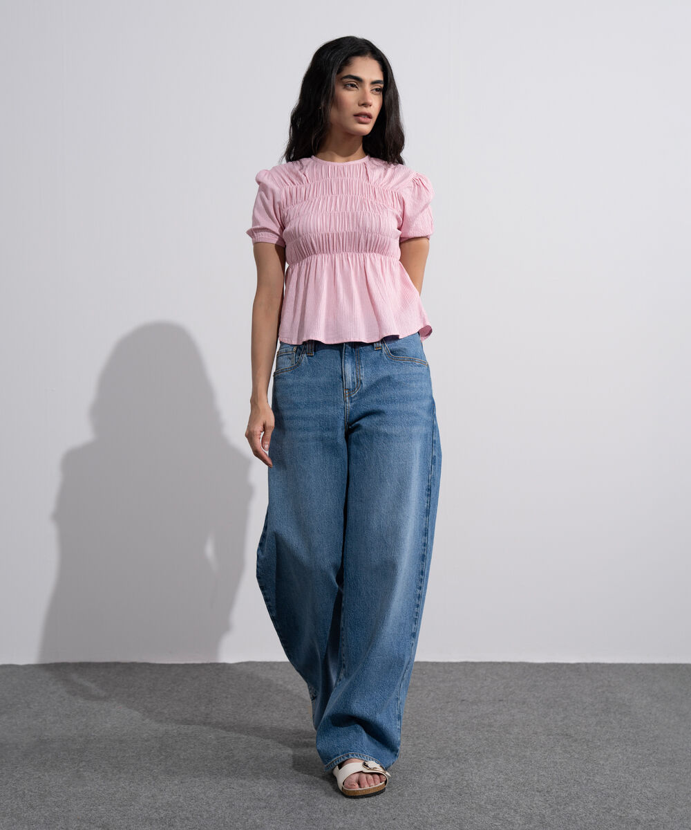 Women's Pink  Smocked Seersucker Blouse
