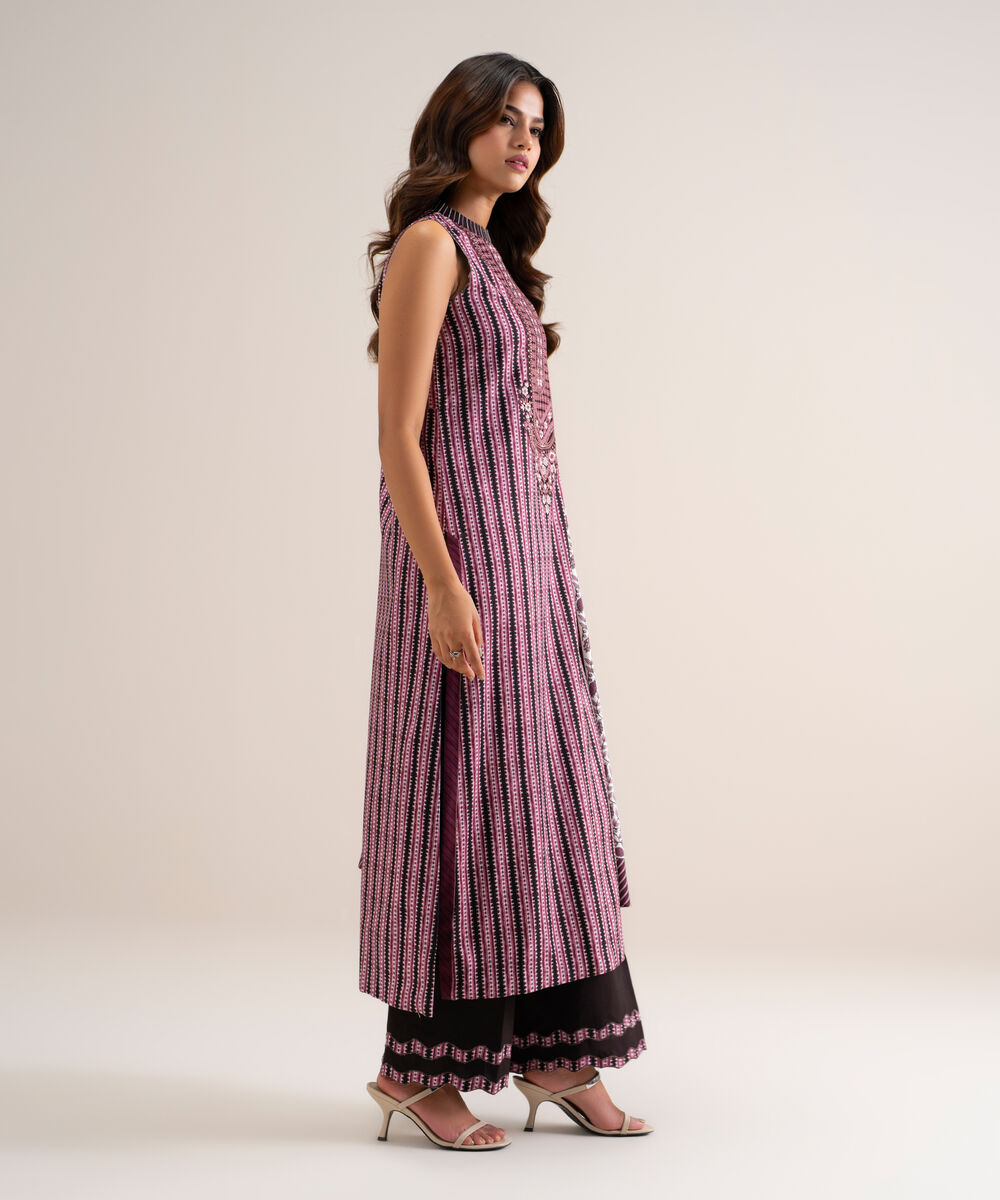 Women's Unstitched Printed Linen Purple 3 Piece Suit