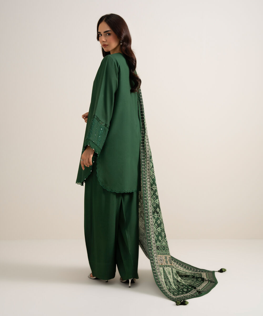 Women's Unstitched Embroidered Linen Green 3 Piece Suit
