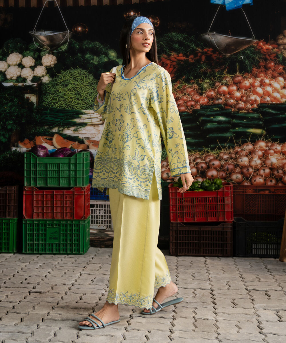 Women's RTW Dobby Printed Yellow Straight Shirt