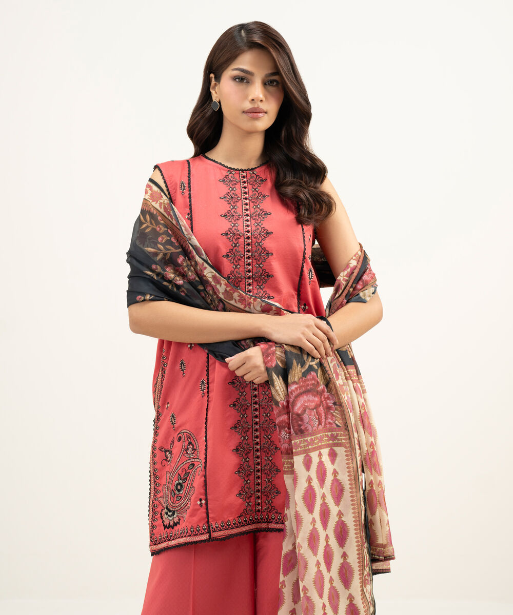 Women's RTW Dobby Embroidered Dusty Rose 3 Piece Suit