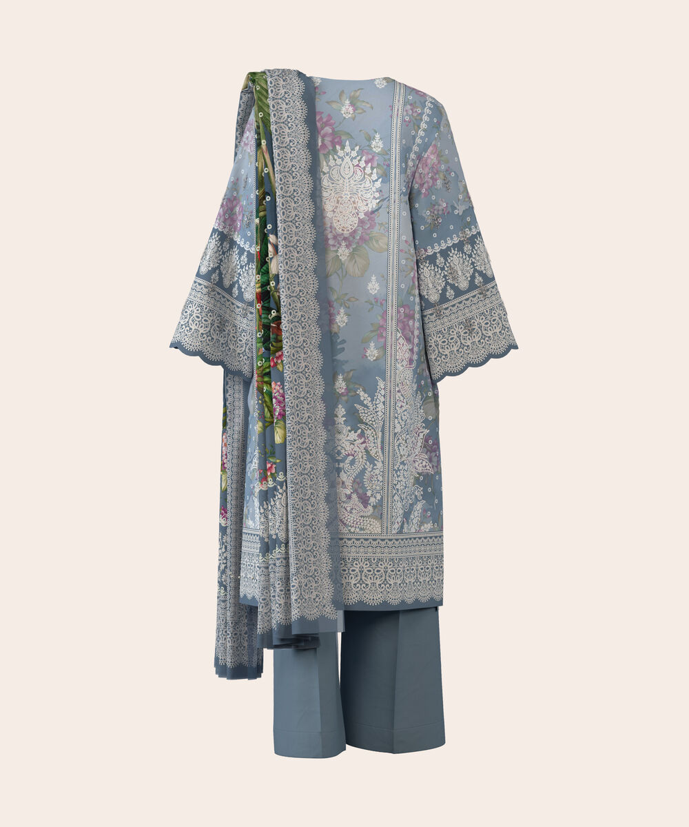 Women's Unstitched Lawn Blue  Embroidered 3 Piece Suit
