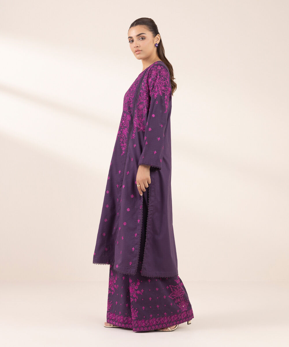 Women's RTW Dobby Purple Embroidered A-Line Shirt