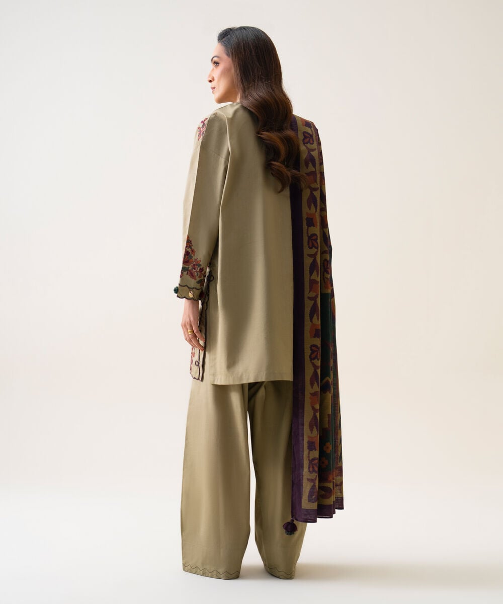 Women's Unstitched Textured Cotton Embroidered Beige 3 Piece Suit