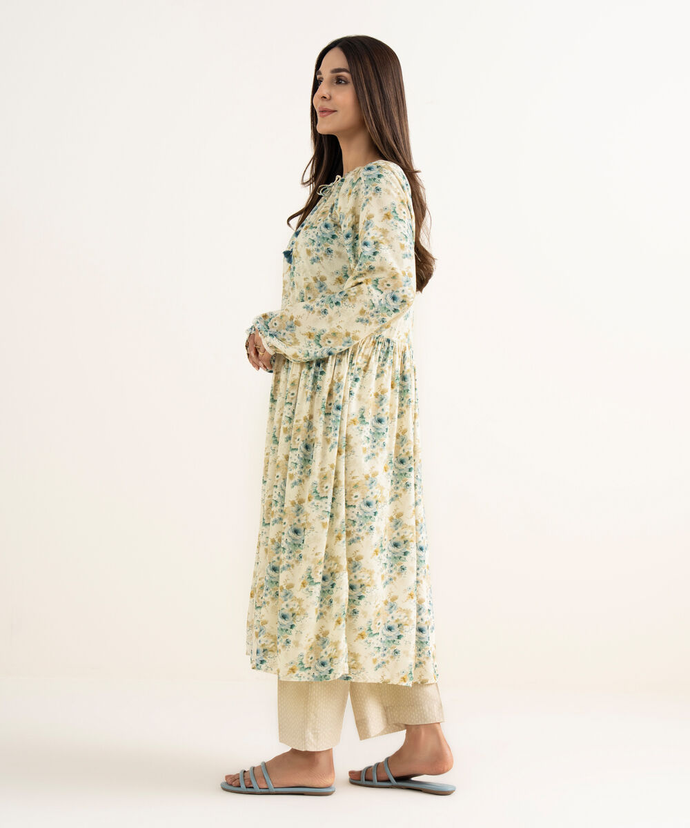 Women's RTW Arabic Lawn Beige Printed A-Line Shirt