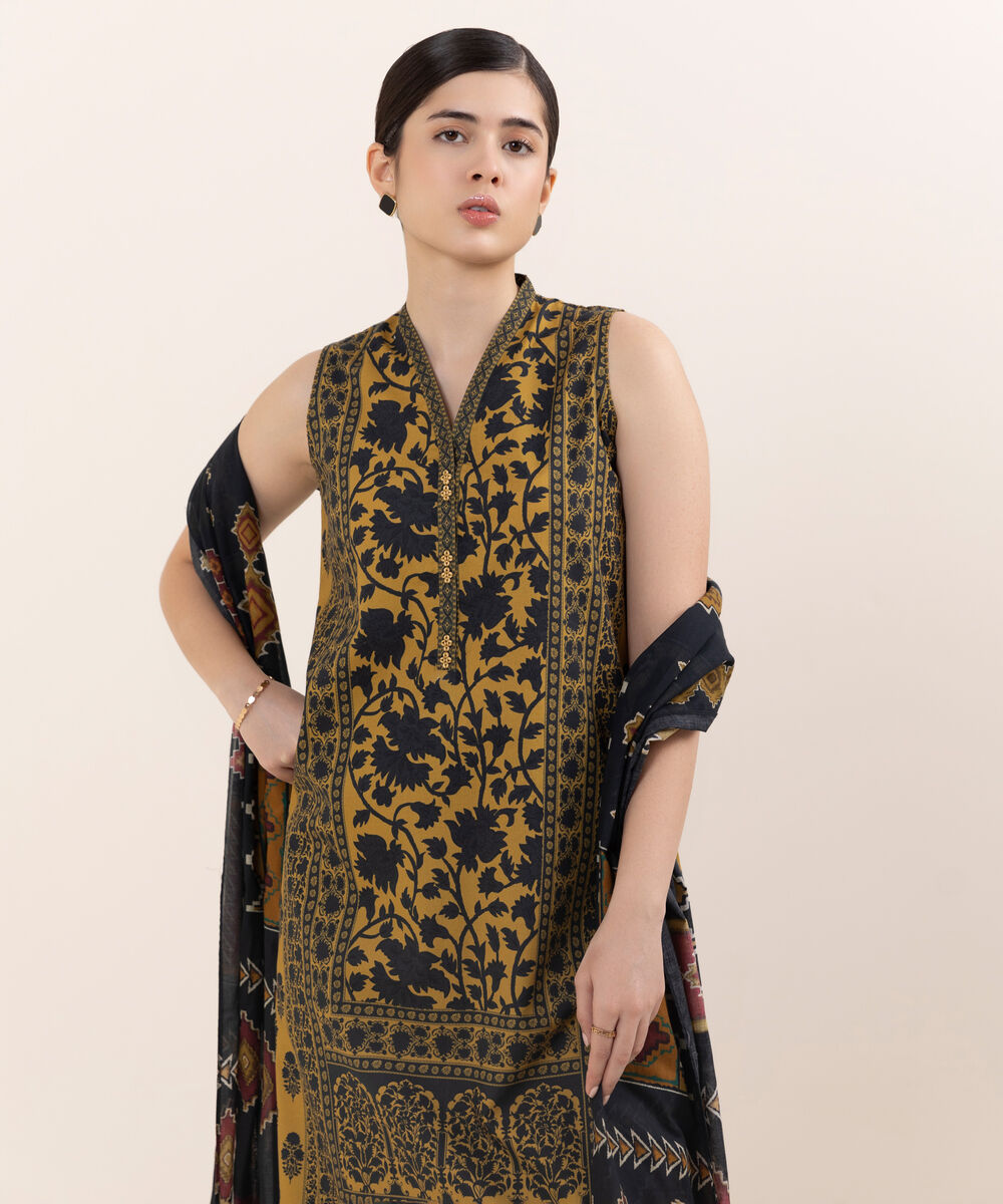 Women's Unstitched Cotton Printed Multi Three Piece Suit