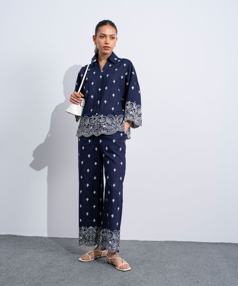 Women's Western Navy Embroidered Straight-Fit Trousers