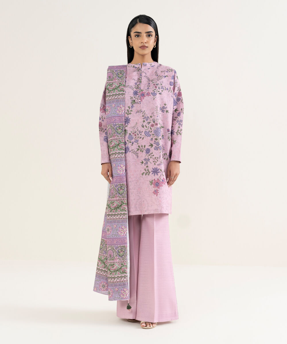 Women's Unstitched Printed Khaddar Purple 3 Piece Suit