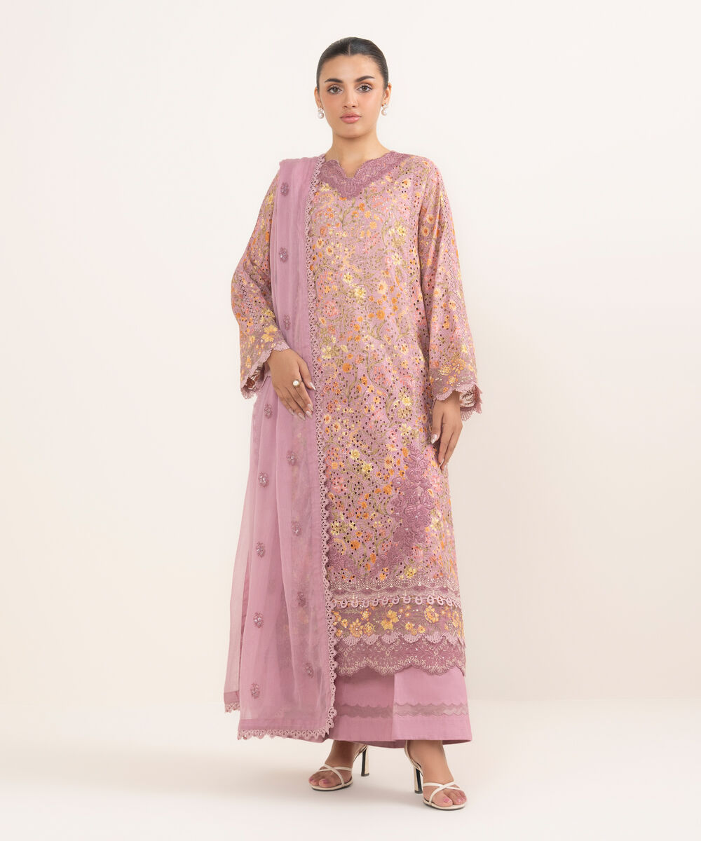 Women's Unstitched Cotton Embroidered Pink 3 Piece Suit