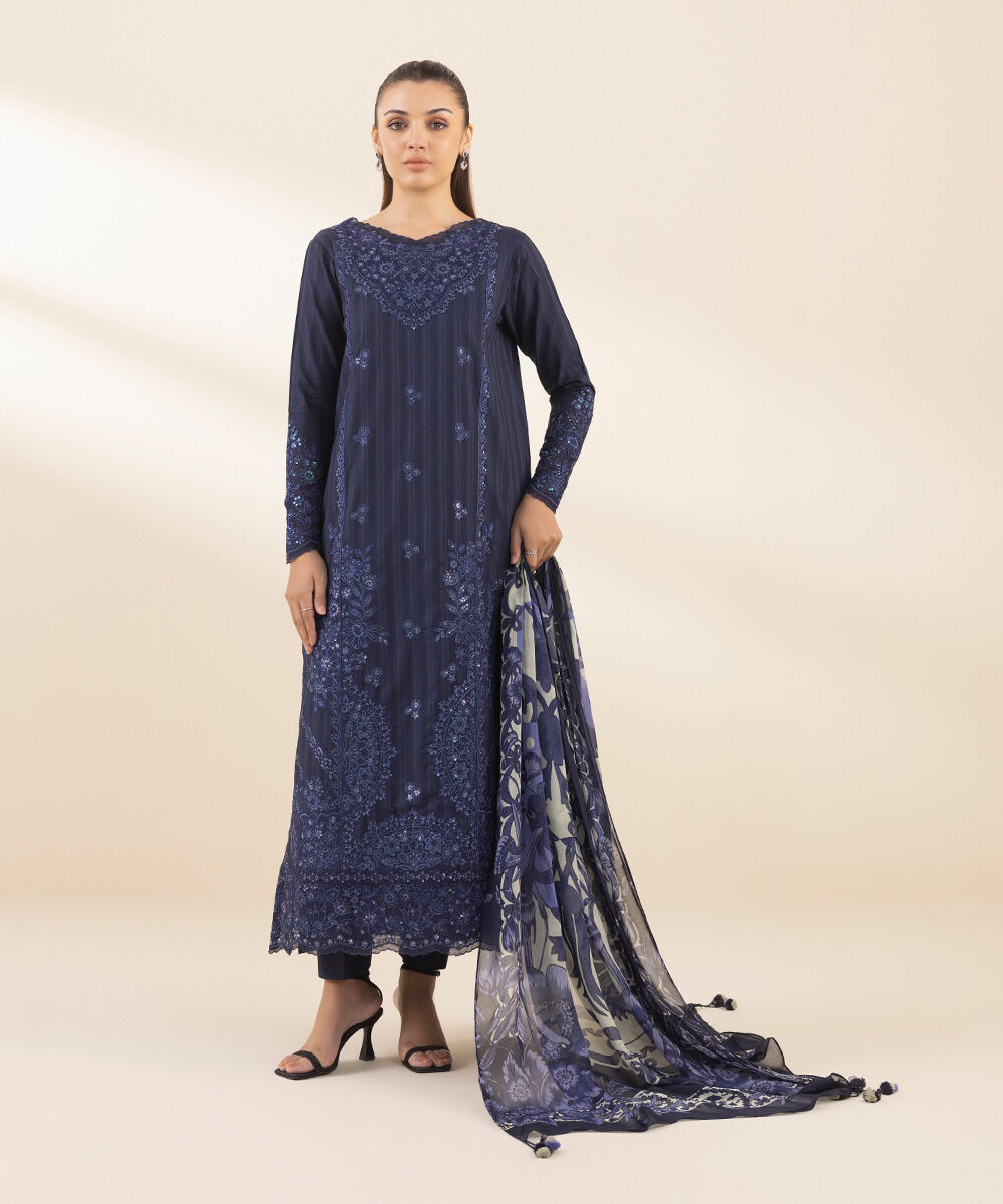 Unstitched Women's Blue Dobby Embroidered 3 Piece Suit