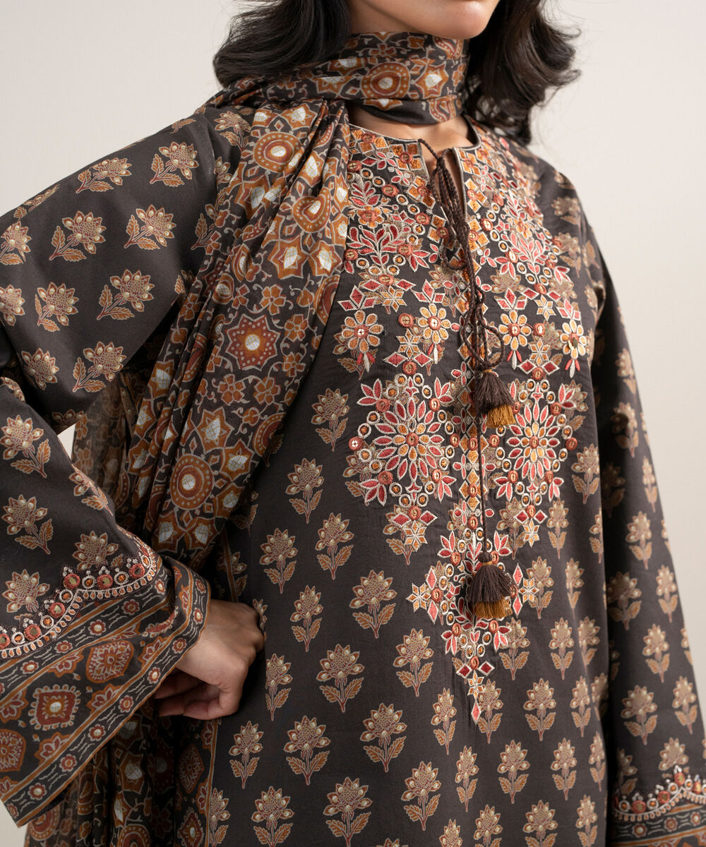 Women's Unstitched Lawn Embroidered Brown 3 Piece Suit