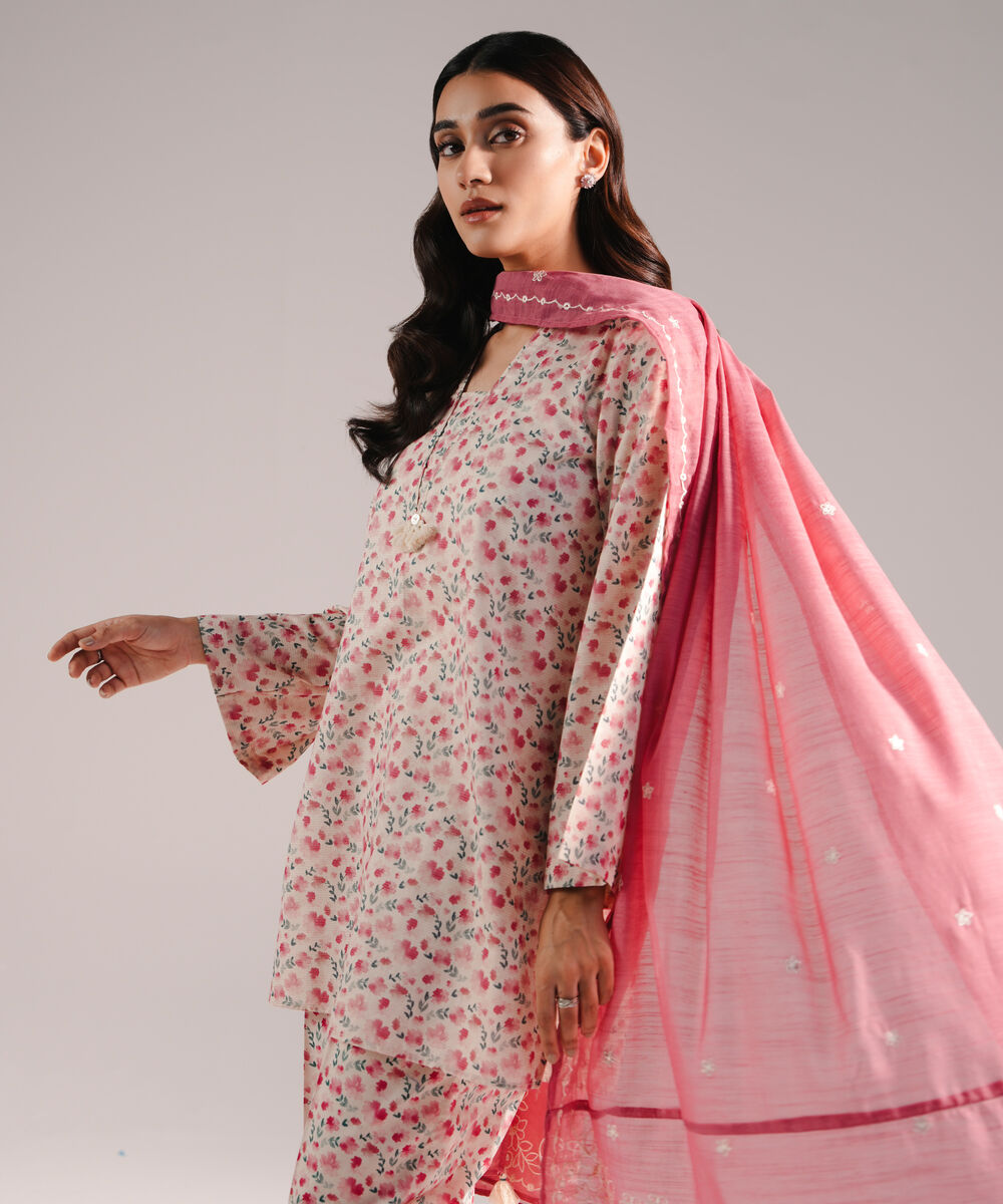 Women's RTW Zari Lawn Printed Off White 3 Piece Suit