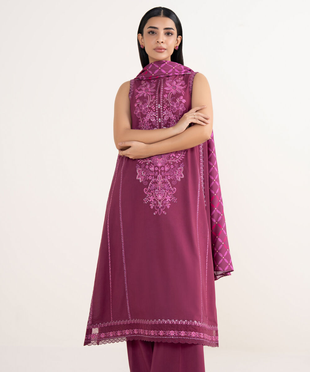 Women's Unstitched Linen Embroidered Pink 3 Piece Suit