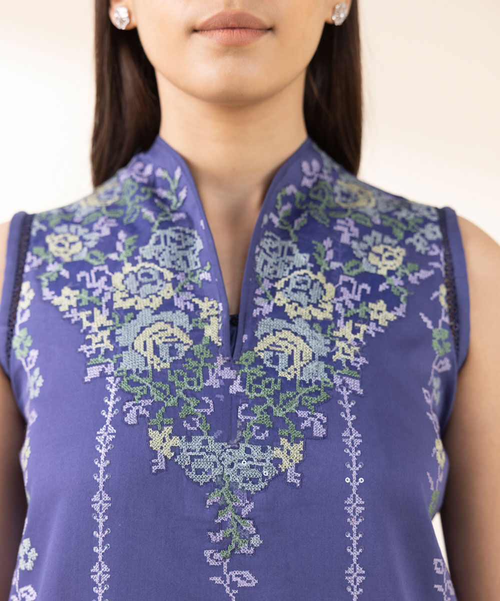 Unstitched Women's Embroidered Fine Cotton Satin Blue Three Piece Suit