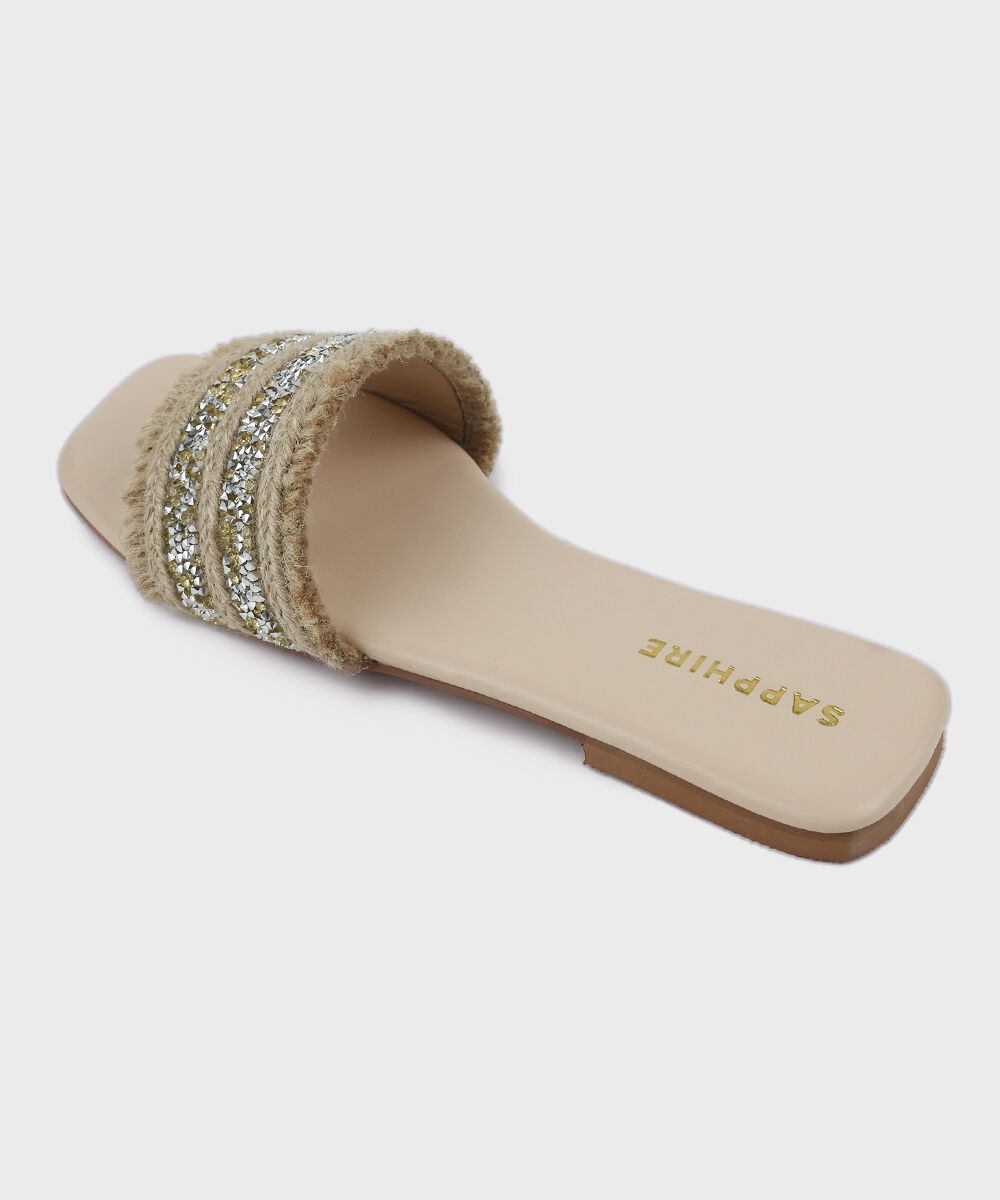 Woman - Beige Embellished Jute Flats