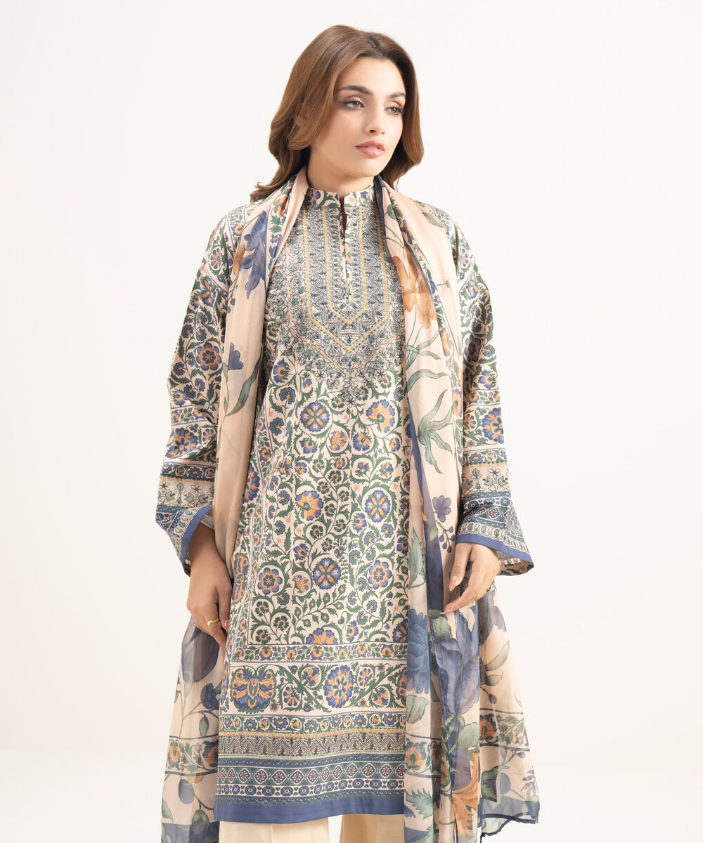 Women's Unstitched Blended Grip Silk Embroidered Blue 3 Piece Suit