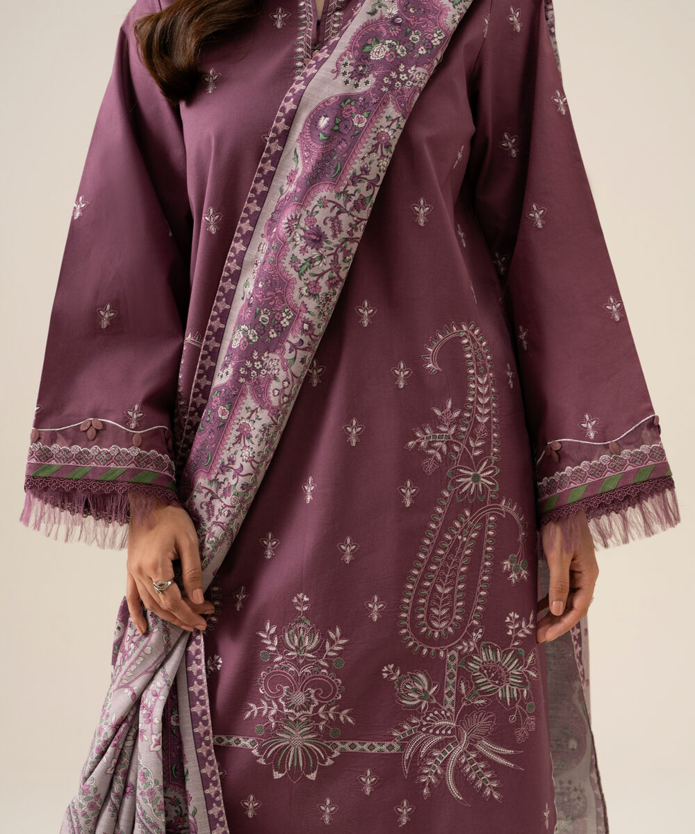 Women's Unstitched Basic Khaddar Embroidered Mauve 3 Piece Suit