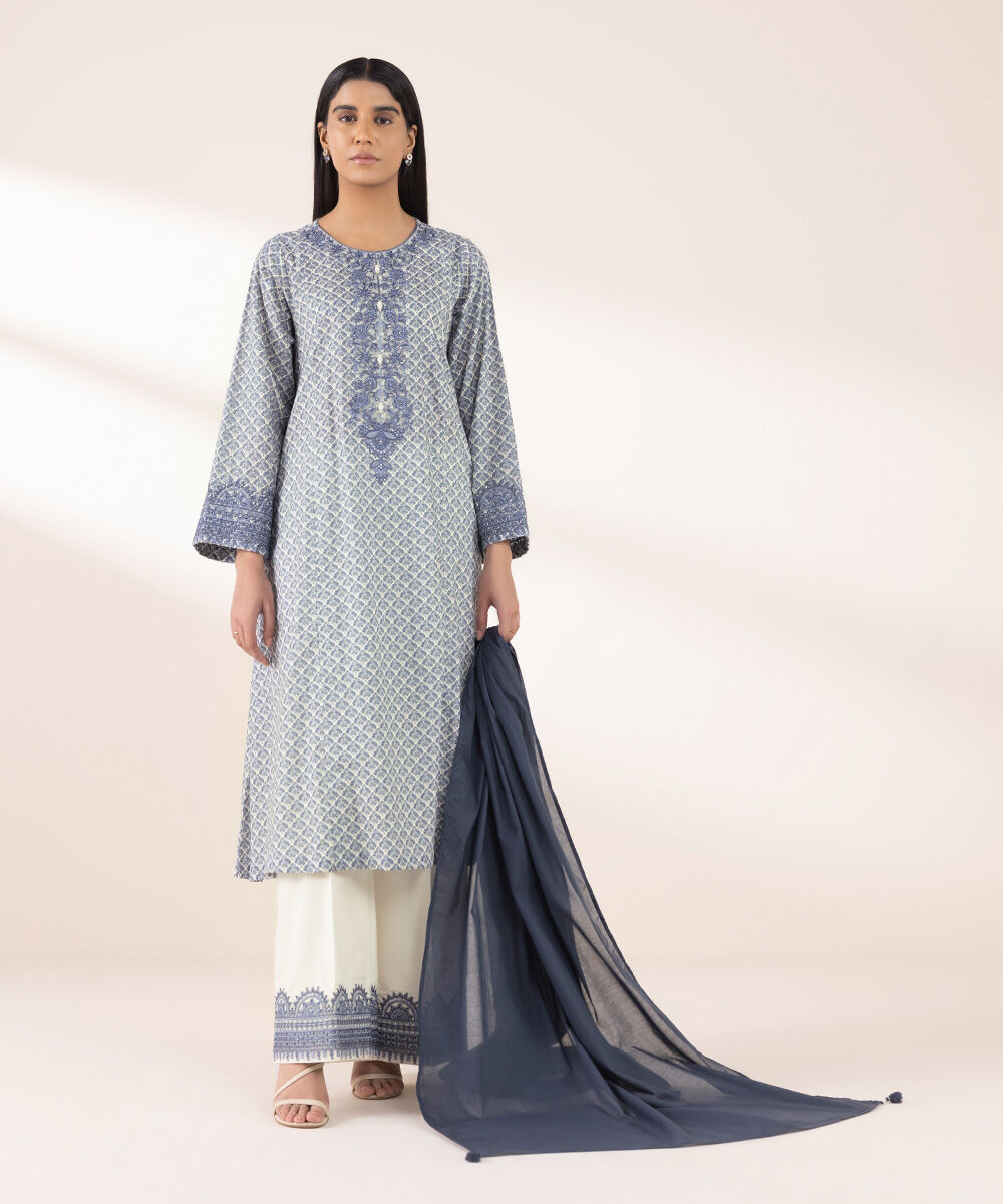 Women's RTW Textured Lawn Blue Embroidered A-Line Shirt