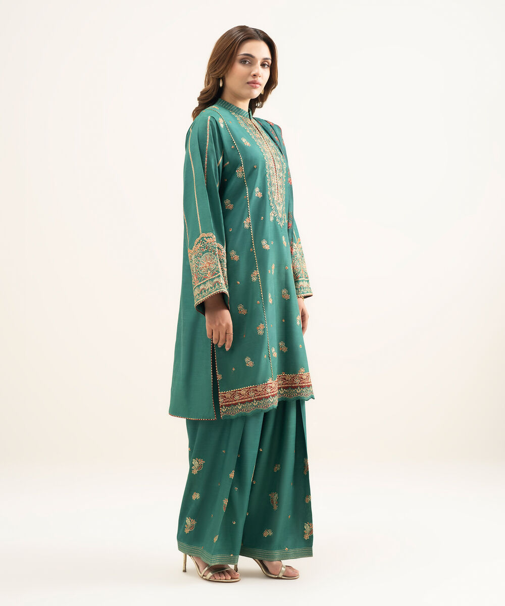Women's Unstitched Blended Raw Silk Embroidered Green 3 Piece Suit