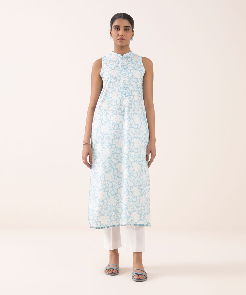 Women's Unstitched Lawn Printed Blue Shirt