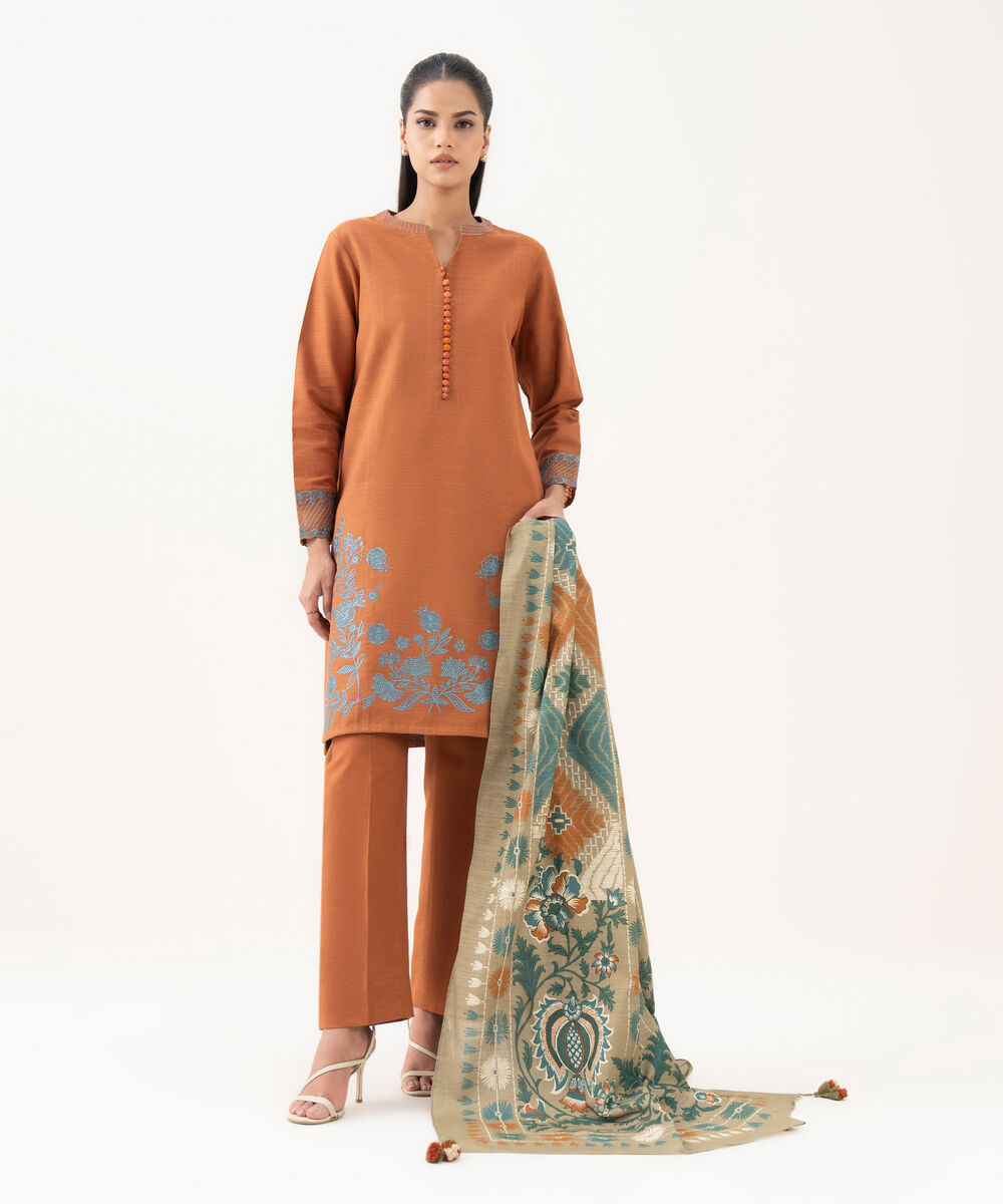 Women's Unstitched Light Khaddar Embroidered Orange 3 Piece Suit