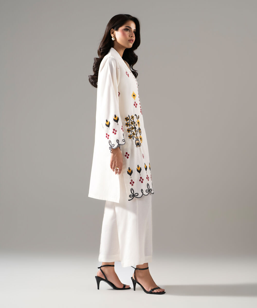 Women's RTW Dobby Solid Embroidered Straight Shirt