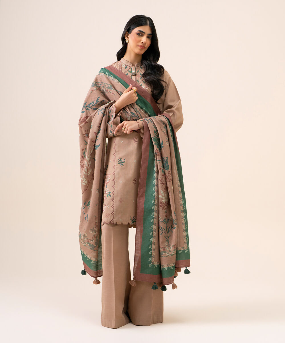 Women's Unstitched Light Khaddar Embroidered Beige 3 Piece Suit