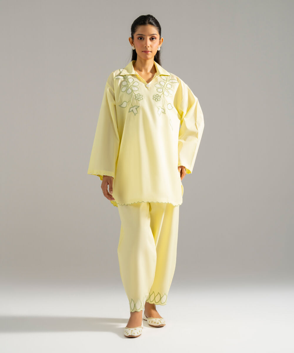 Women's RTW Lawn Solid Embroidered Pale Yellow 2 Piece Suit