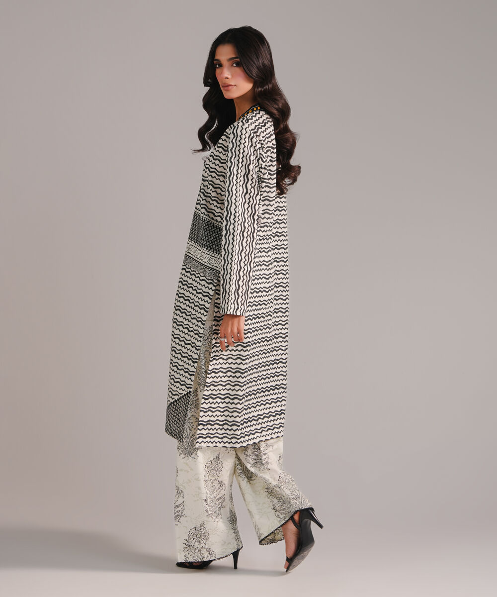 Women's RTW Slub Lawn Printed Off White Straight Shirt