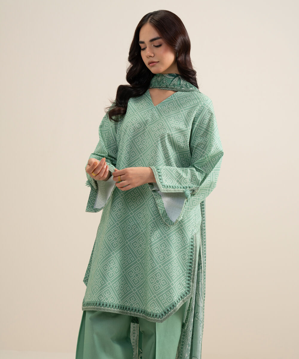 Women's Unstitched Lawn Printed Light Teal 3 Piece Suit