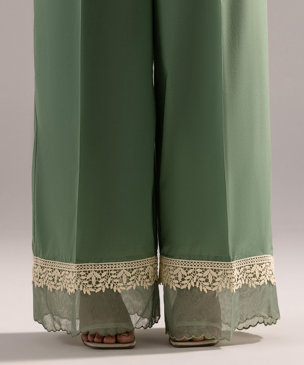 Women's RTW Cambric Solid Green Flared Pants