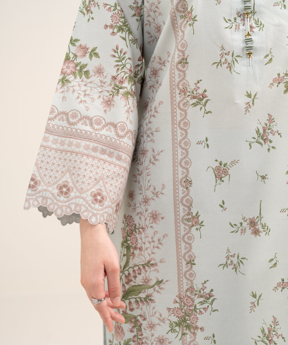 Women's Unstitched Zari Lawn Printed Blue 3 Piece Suit