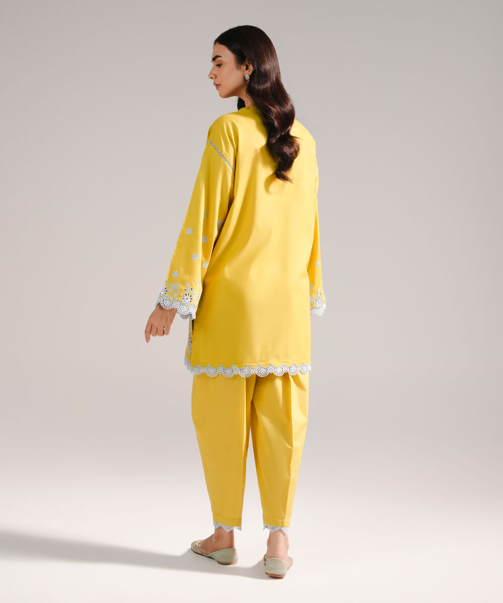 Women's RTW Cotton Satin Embroidered Yellow Straight Shirt