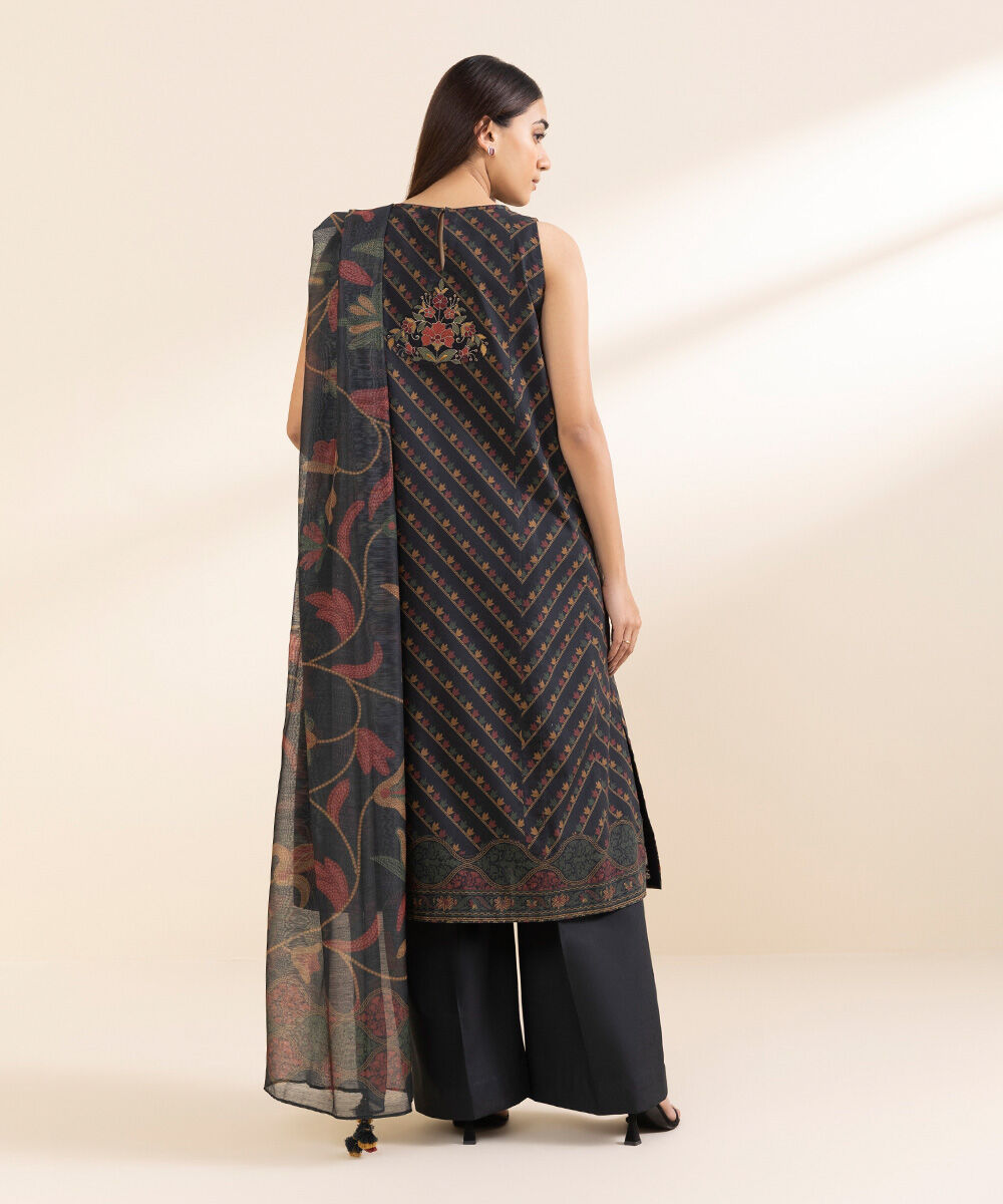 Unstitched Women's Embroidered Lawn Black Three Piece Suit