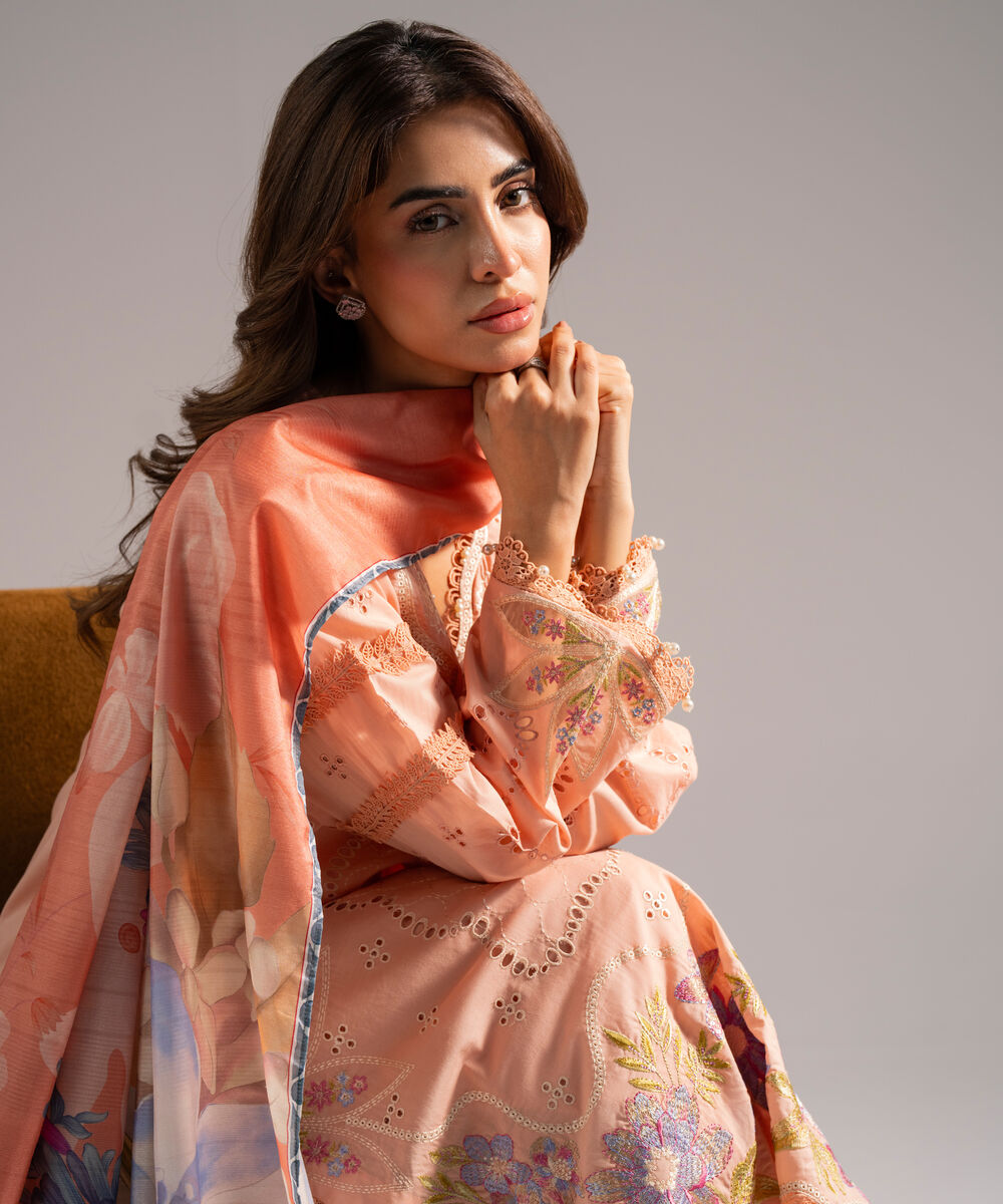 Women's RTW Slub Lawn Embroidered Pink 3 Piece Suit