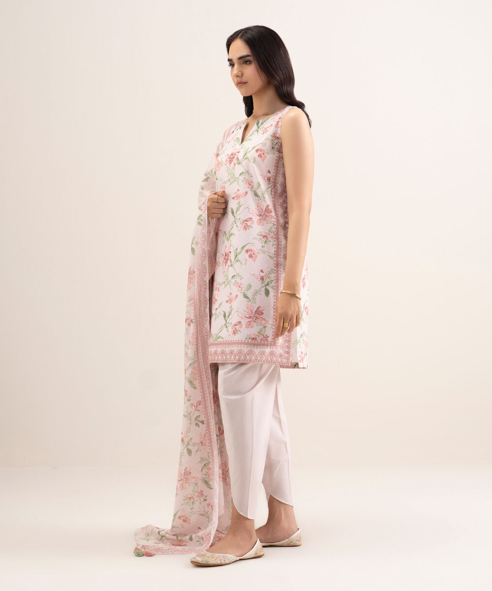 Women's Unstitched Lawn Printed Pink 3 Piece Suit