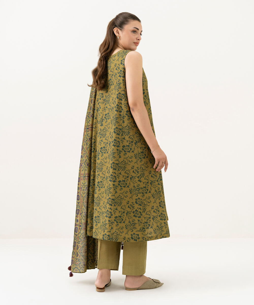 Women's Unstitched Khaddar Printed Brown 3 Piece Suit