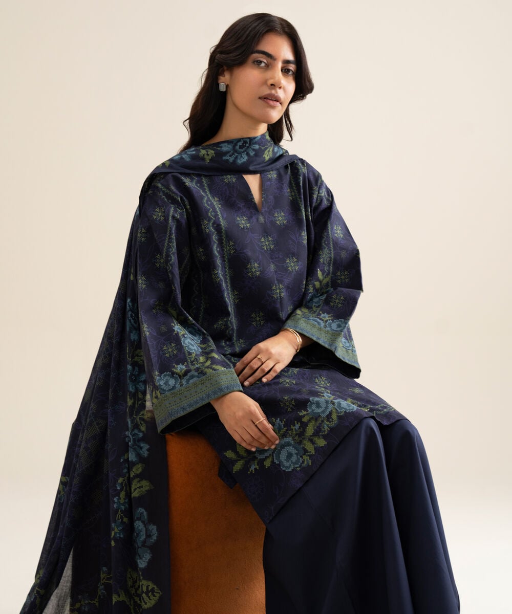 Women's Unstitched Cotton Printed Blue 3 Piece Suit