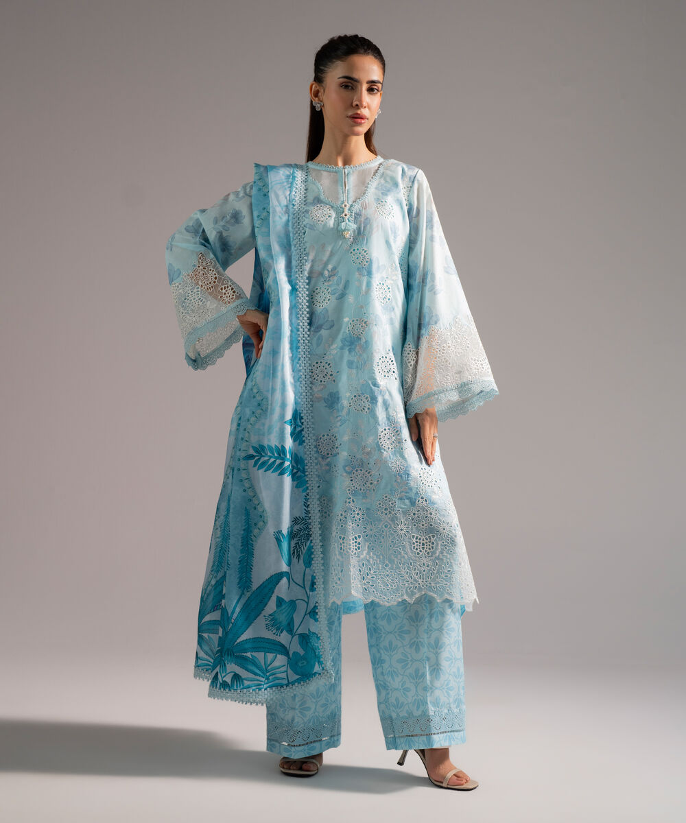 Women's RTW Self Jacquard Embroidered Light Blue 3 Piece Suit