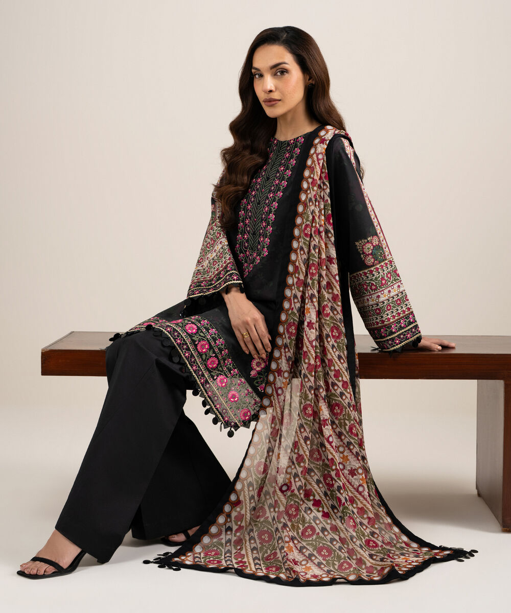 Women's Unstitched Lawn Embroidered Black