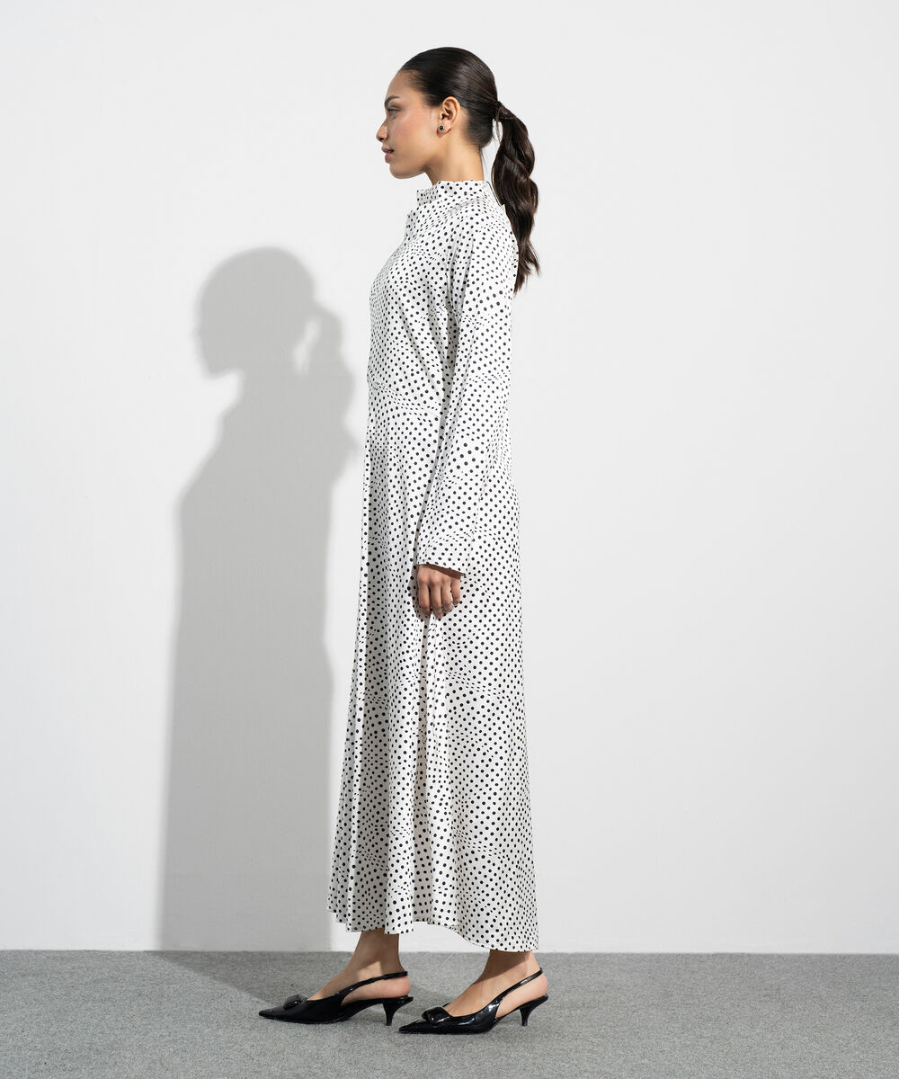 Women's Western White And Black Polka Dot Satin Dress