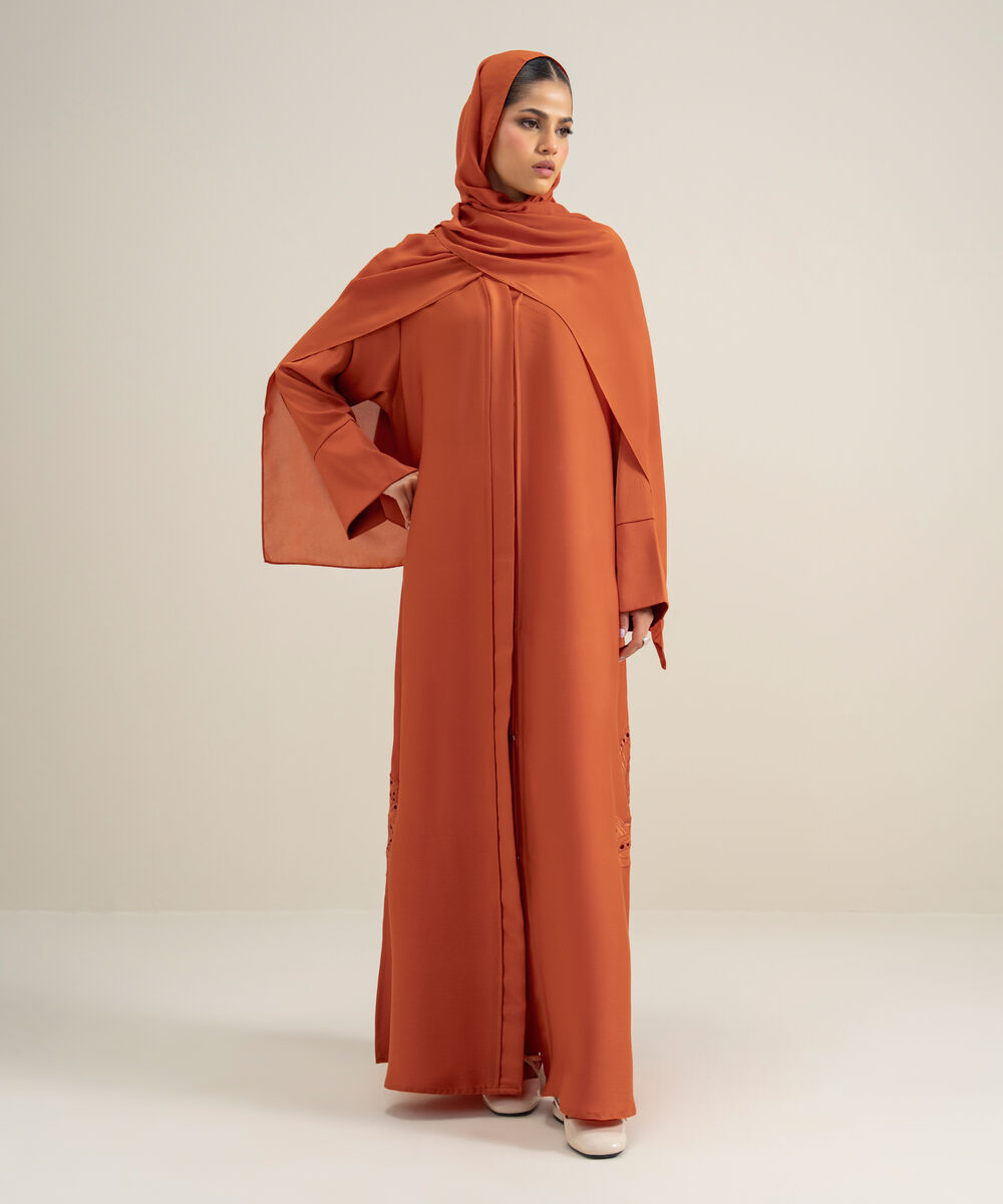 Women's Polyester Orange Embroidered Regular Abbaya Set