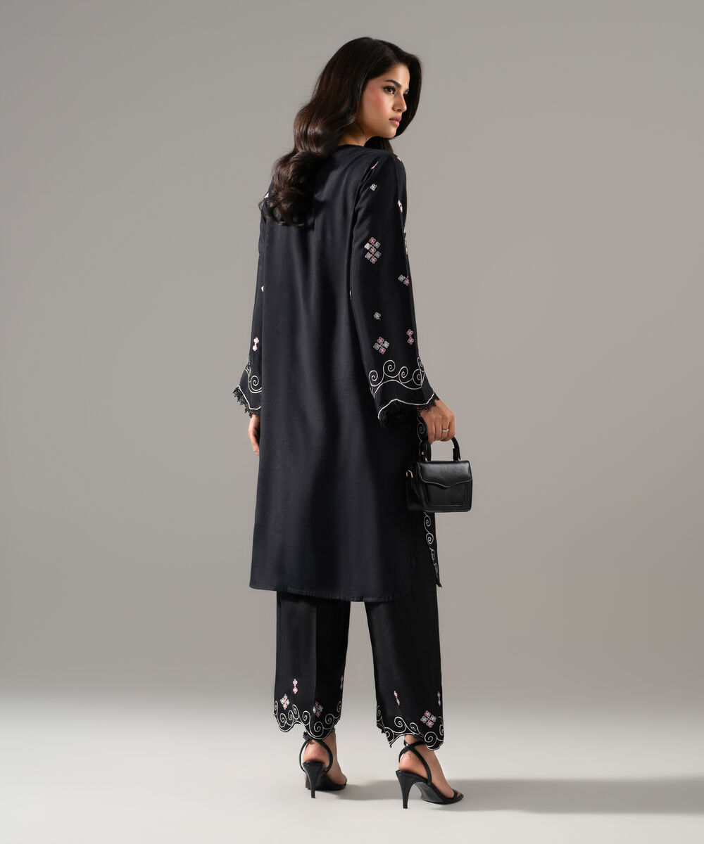 Women's RTW Viscose Raw Silk Solid Embroidered Black 2 Piece Suit