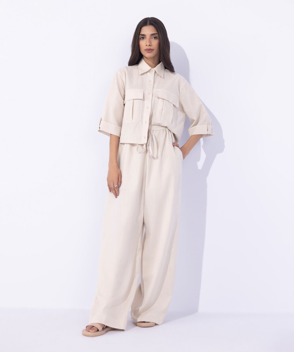 Women's Western Wear Beige Linen Blend Pull On Trousers