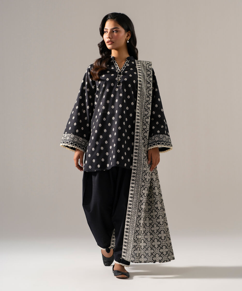 Women's RTW Khaddar Printed Black Dupatta