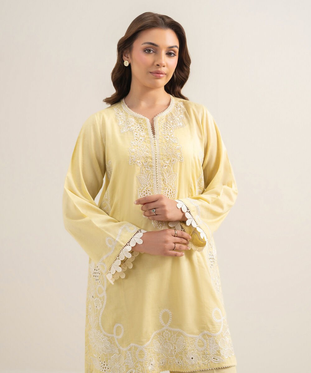 Women's RTW Self Jacquard Embroidered Yellow Straight Shirt