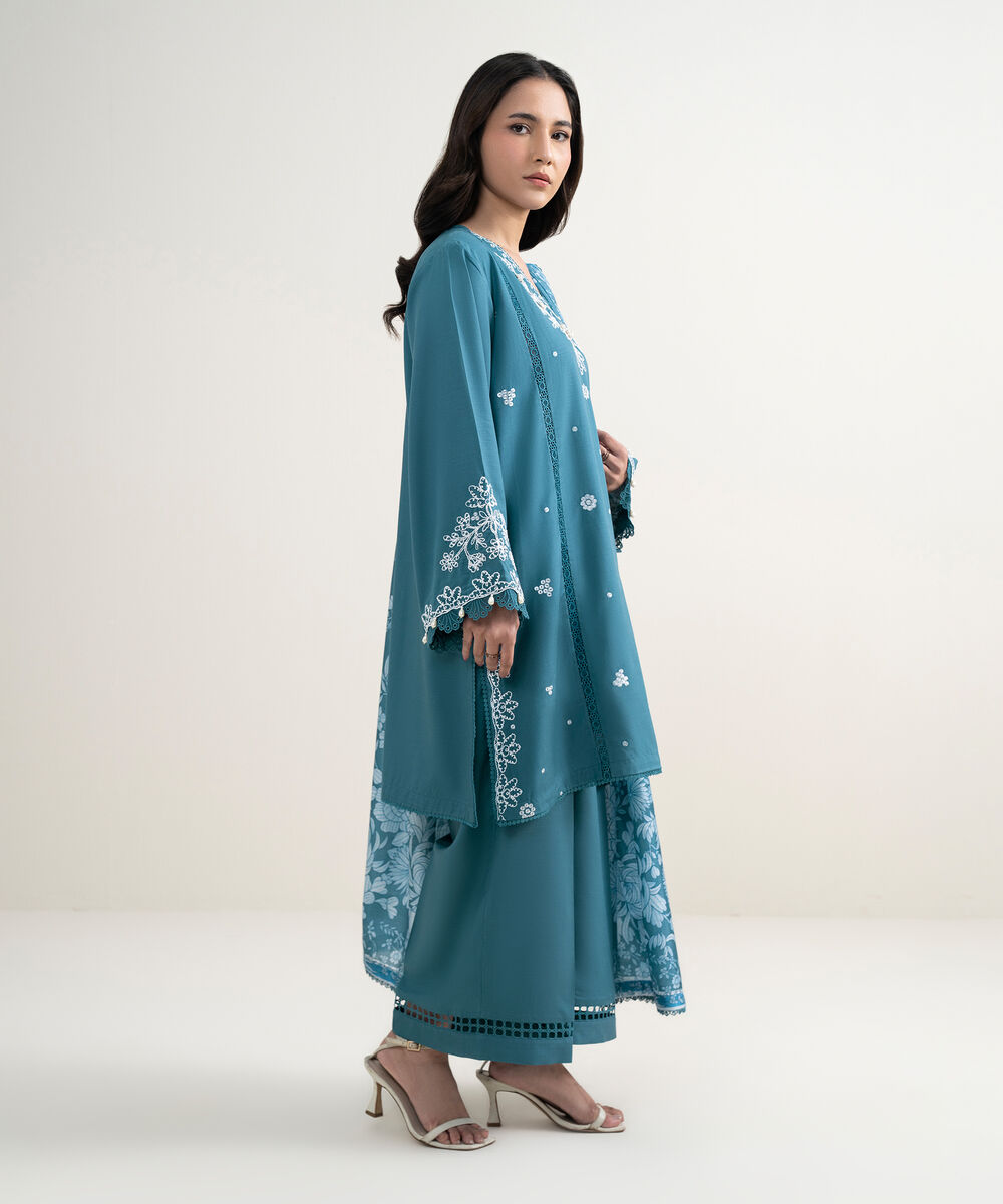 Women's RTW Cotton Viscose Embroidered Blue 3 Piece Suit