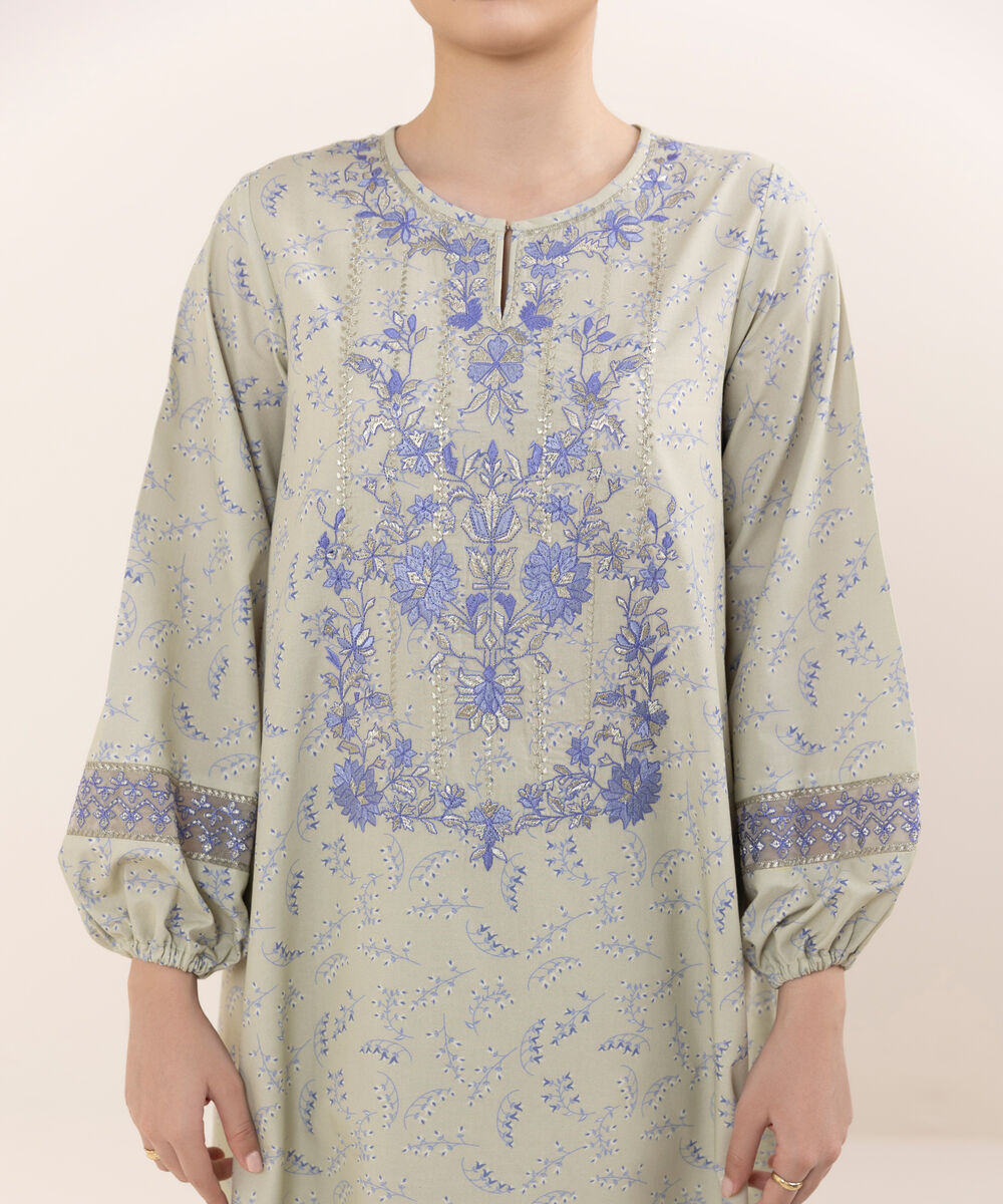 Women's Unstitched Cotton Embroidered Green Two Piece Suit