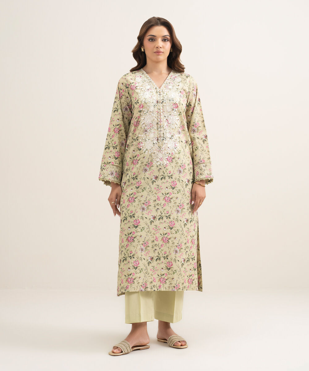 Women's RTW Lawn Embroidered Sand Green A-Line Shirt
